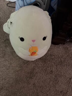 Plush Bunny Holding Carrot Juice - Soft Pastel Green